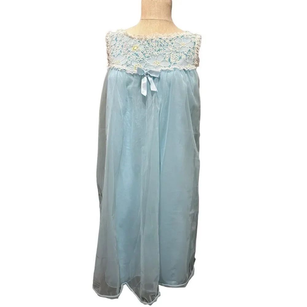 Vintage Gotham Blue and Floral Baby Doll Sheer Layered Nightgown Lingerie Sz L